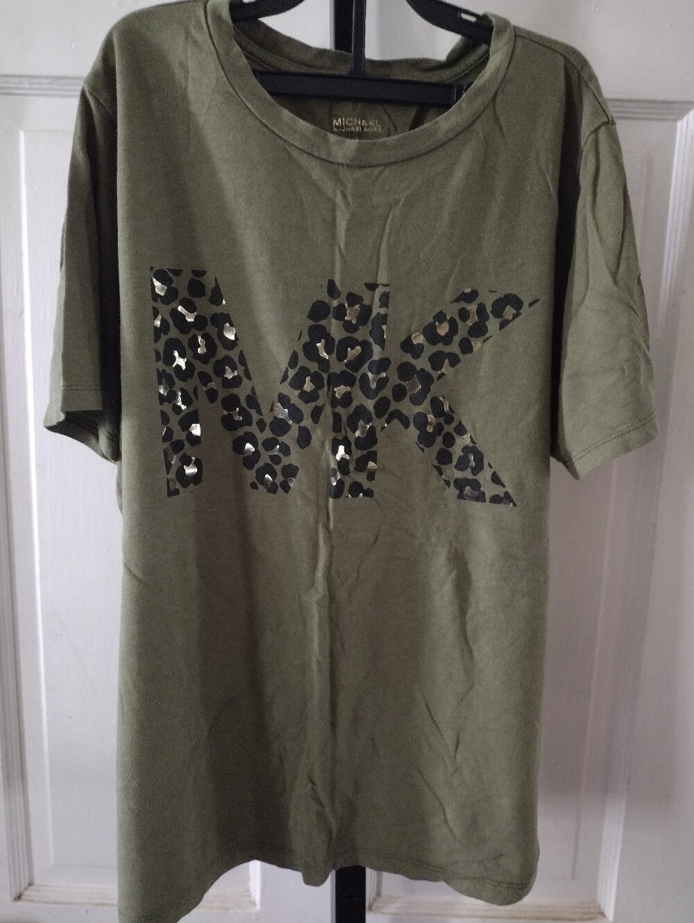 Michael Kors Army Green Tee with Black And Gold Leopard MK Logo Small